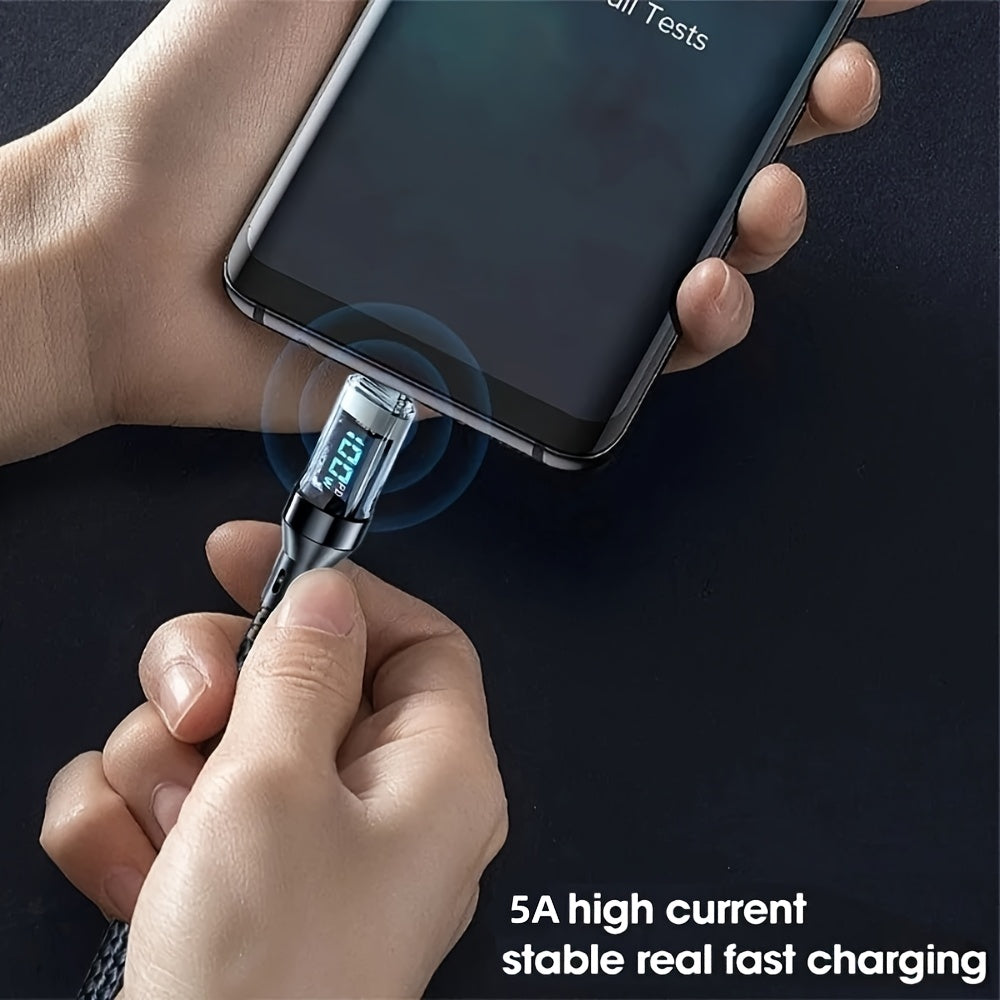 Tez zaryadlash uchun Type C kabel, raqamli ko'rsatkich bilan, mustahkam naylon, turli mobil telefonlar va planshetlar bilan mos keladi, dumaloq shaklda.