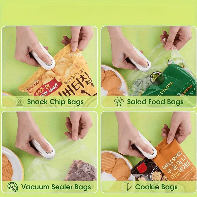 Compact portable snack bag sealer with cutter USB rechargeable keeps food fresh heat vacuum sealing 150mAh lithium battery mini design