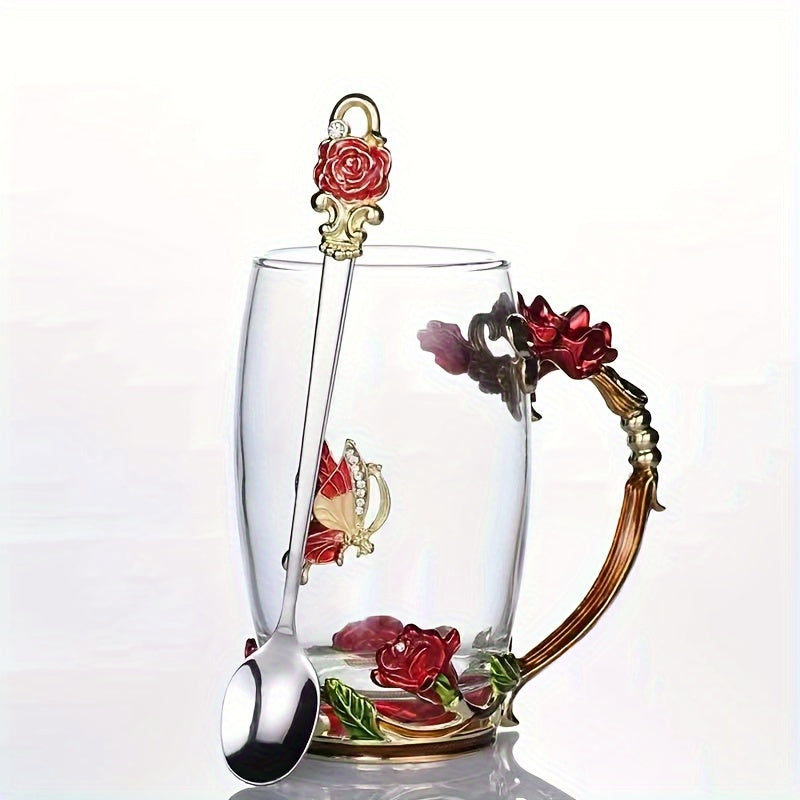 Enamel Crystal Tea Cup with Butterfly and Rose Design Heat Resistant for Coffee Water