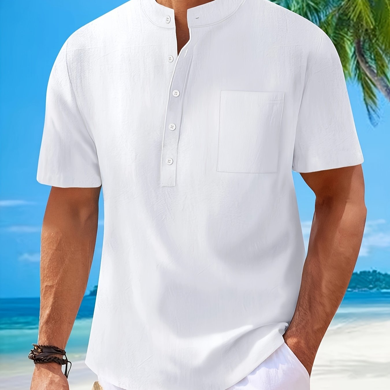 Men's Cotton Linen Henley Shirt with Mandarin Collar Short Sleeve Pocket Casual Spring Vacation