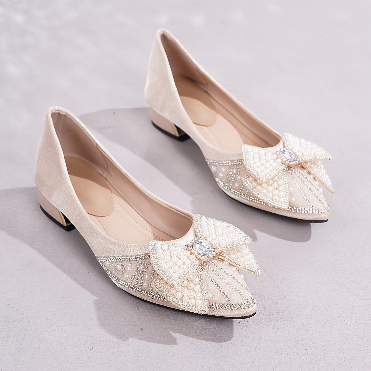 Women's High Heel Mary Jane Shoes with Rhinestone Bow Beige Pointed Toe