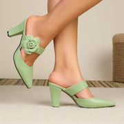 Women's Mint Green Pointed-Toe Block Heel Pumps with Floral Bow
