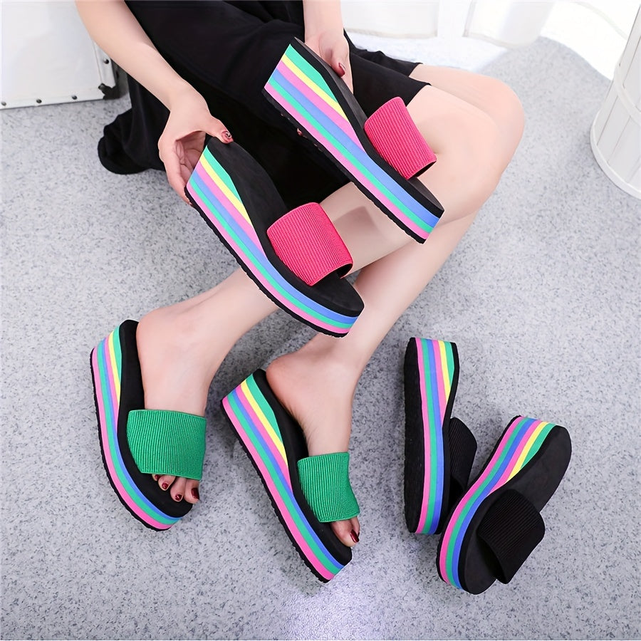 Women's Summer High Heel Slides Fabric Upper EVA Sole Non-Slip Beach Wedges