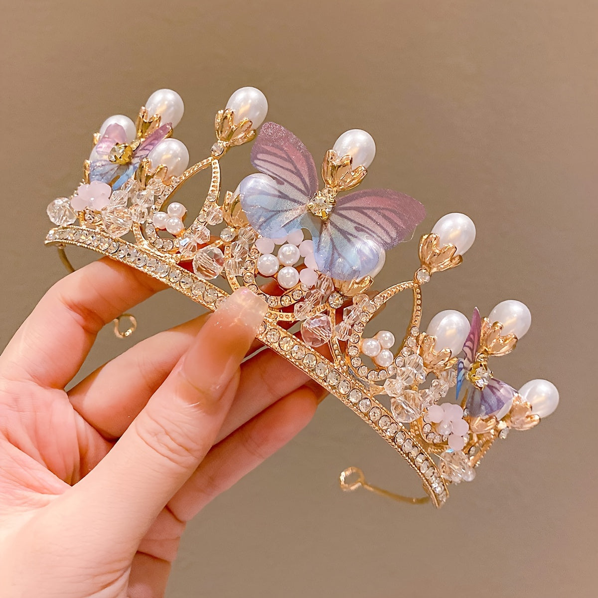 Rhinestone Princess Tiara with Faux Pearls for Weddings and Parties