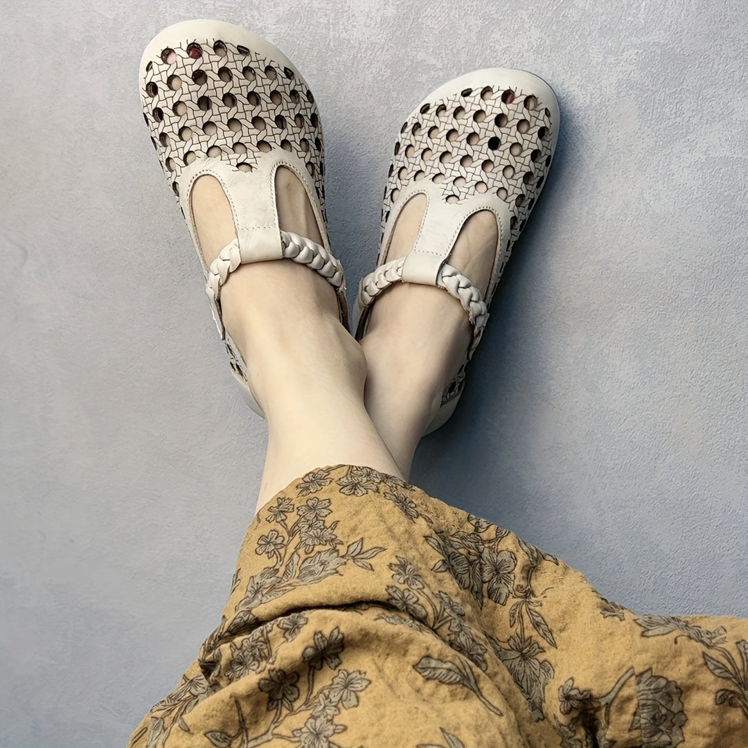 Women's Genuine Leather Mary Jane Flats with Adjustable T-Strap Breathable Summer Shoes