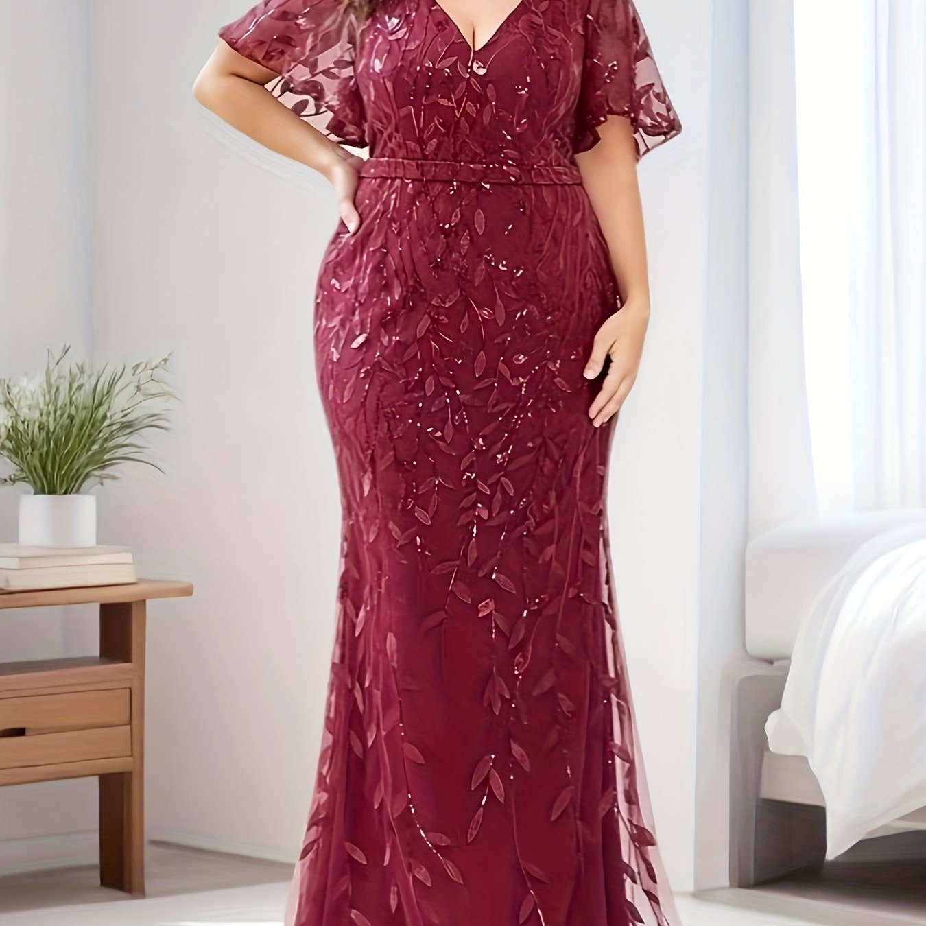 Plus Size Women's Beige V-Neck Long Sleeve Evening Gown Formal Dress