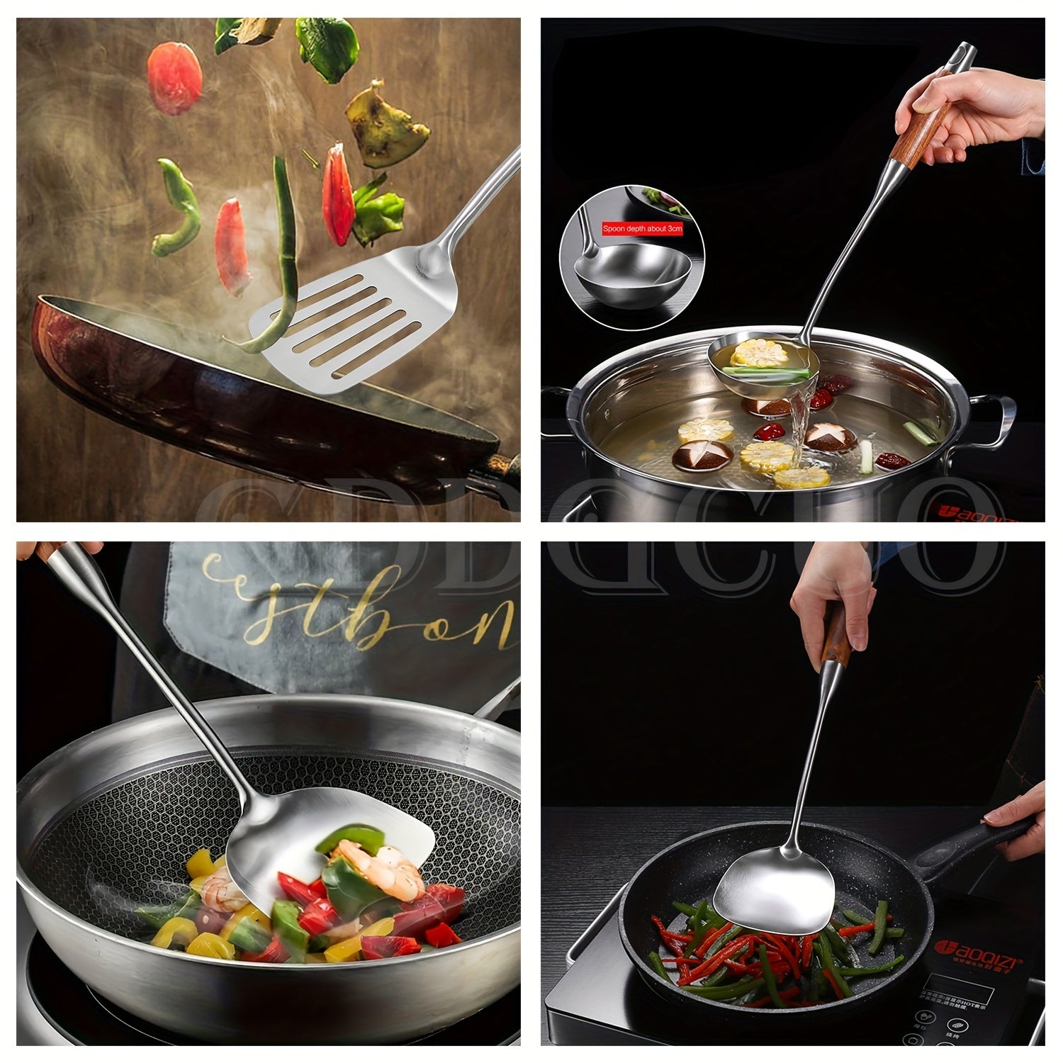 Seven-Piece Stainless Steel Cooking Utensil Set with Rotating Storage Stand