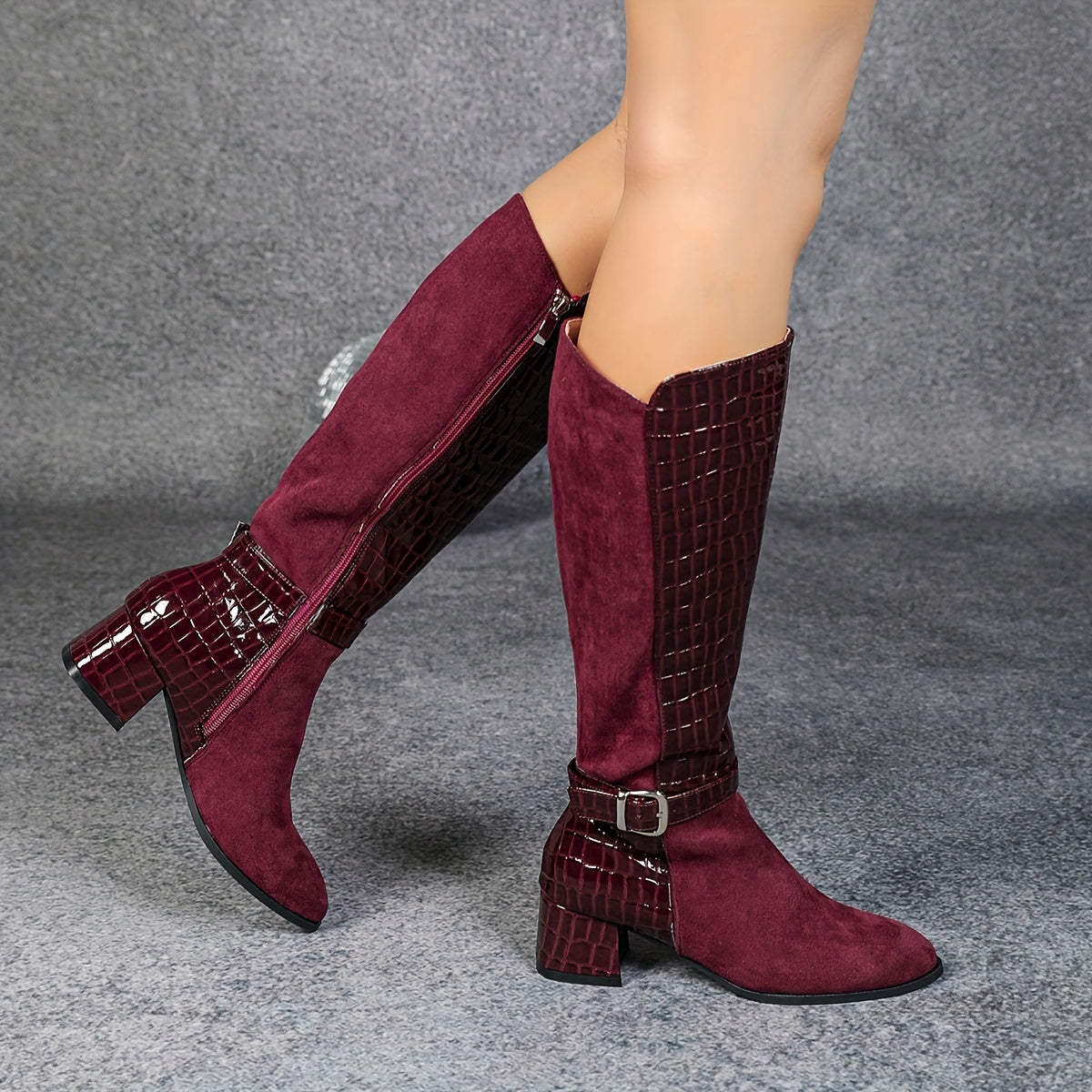Wine Red Mid-Heeled Knee-High Boots with Pointed Toe and Side Zippers