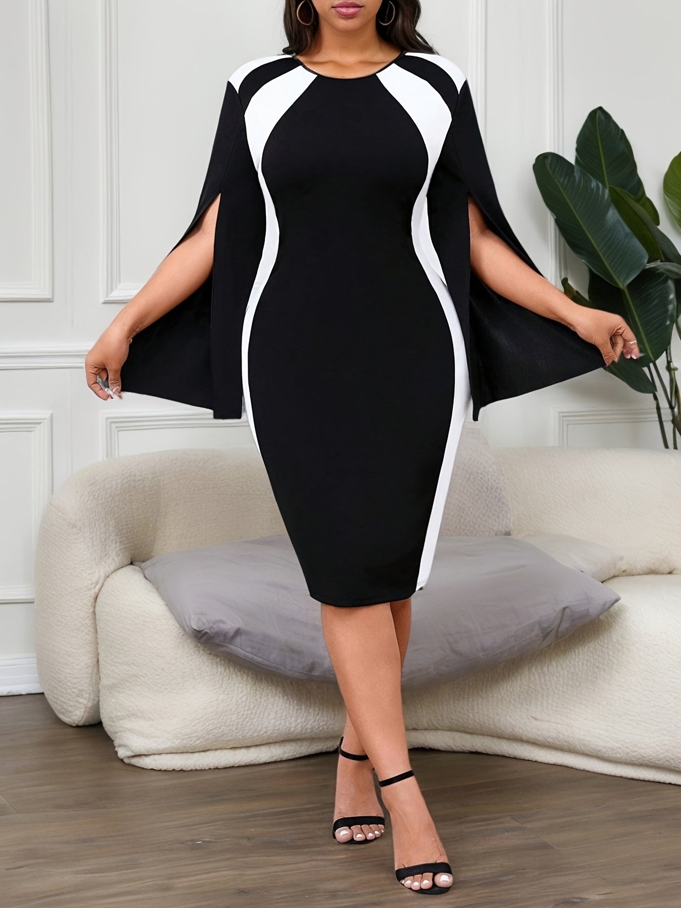 Plus Size Women's Color Block Cape Sleeve Bodycon A-Line Dress Summer Party Wear