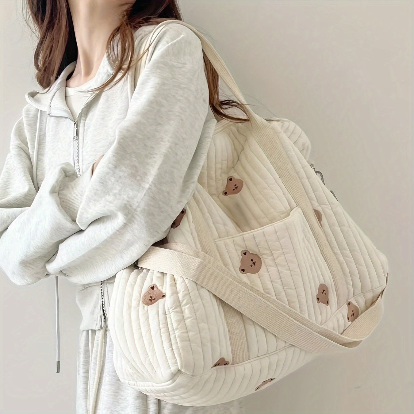 Bolso de pañal acolchado para mamás con bordado de oso, ligero de poliéster, con múltiples compartimentos