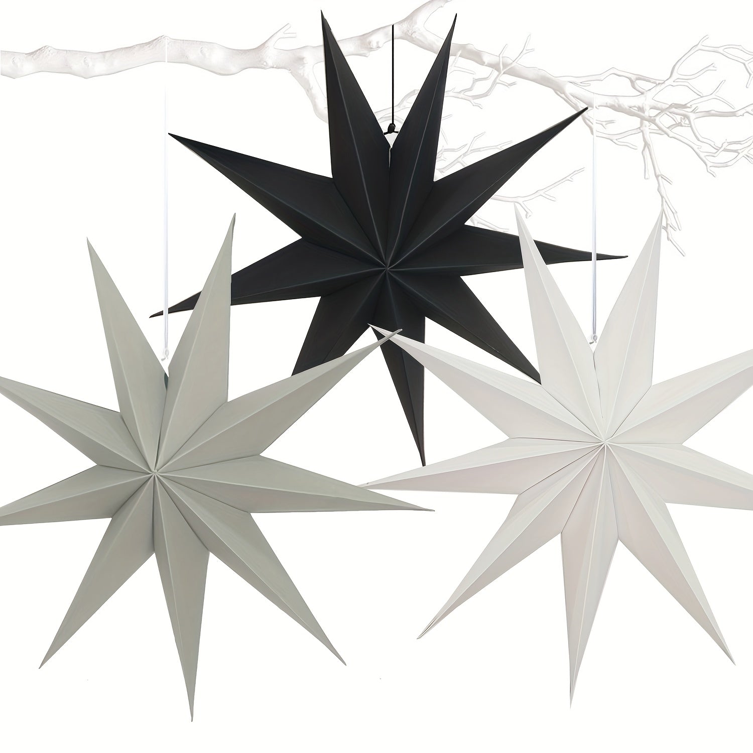 Set de 3 faroles de papel 3D en forma de estrella, decoraciones navideñas para interior, 30.48cm, negro, gris, blanco