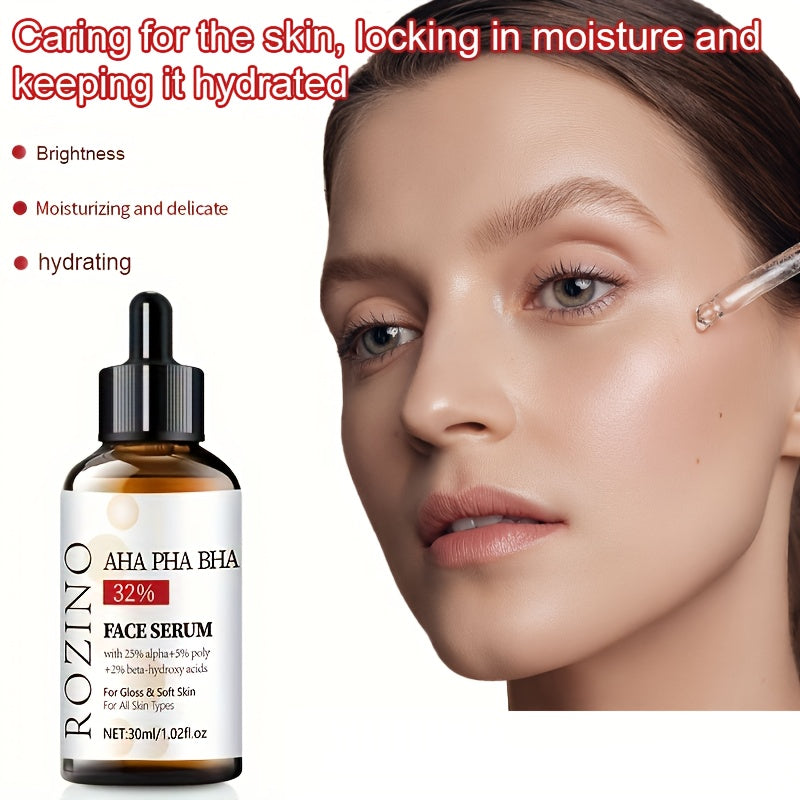 ROZINO 30ml Yuz Serumi AHA 32% + BHA 3% - Chuqur namlanish, chiziqlar va teshiklarni silliqlaydi, hid qo'shilmagan, gippoallergen. Barcha teri turlari, shu jumladan sezgir teri uchun mos.