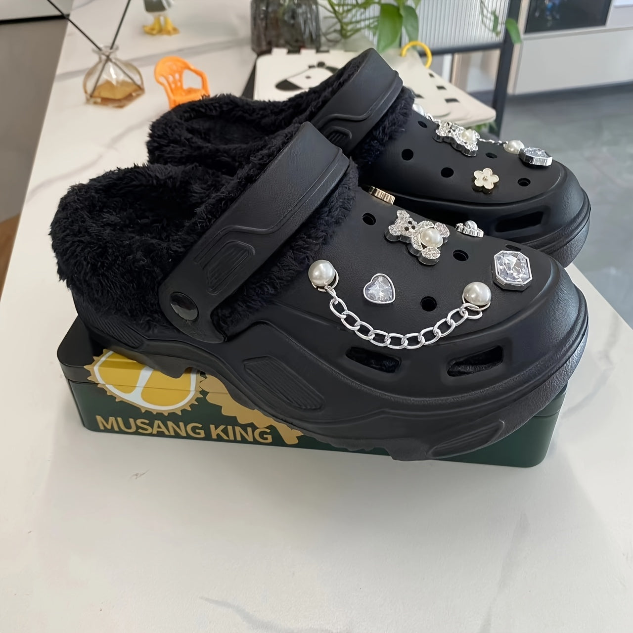 Women's Warm Plush Lined Shoes with Butterfly Heels and Bear Accessories