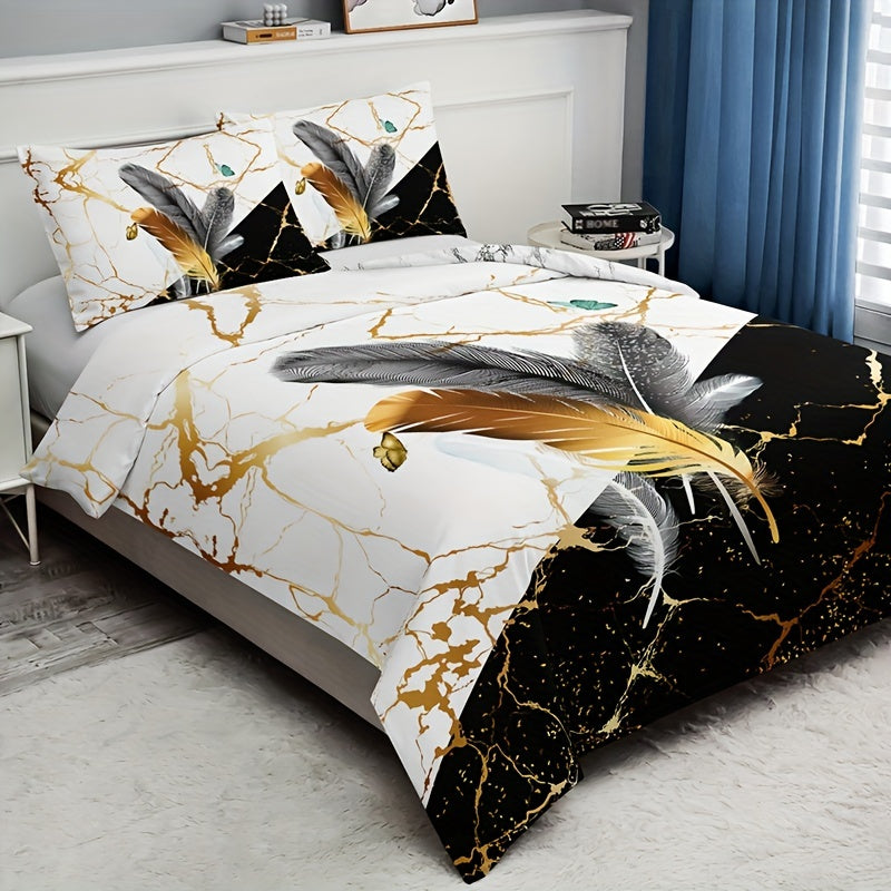 Duvet Cover Set with Marble Feather Print Soft Bedding for Bedroom and Guest Room
