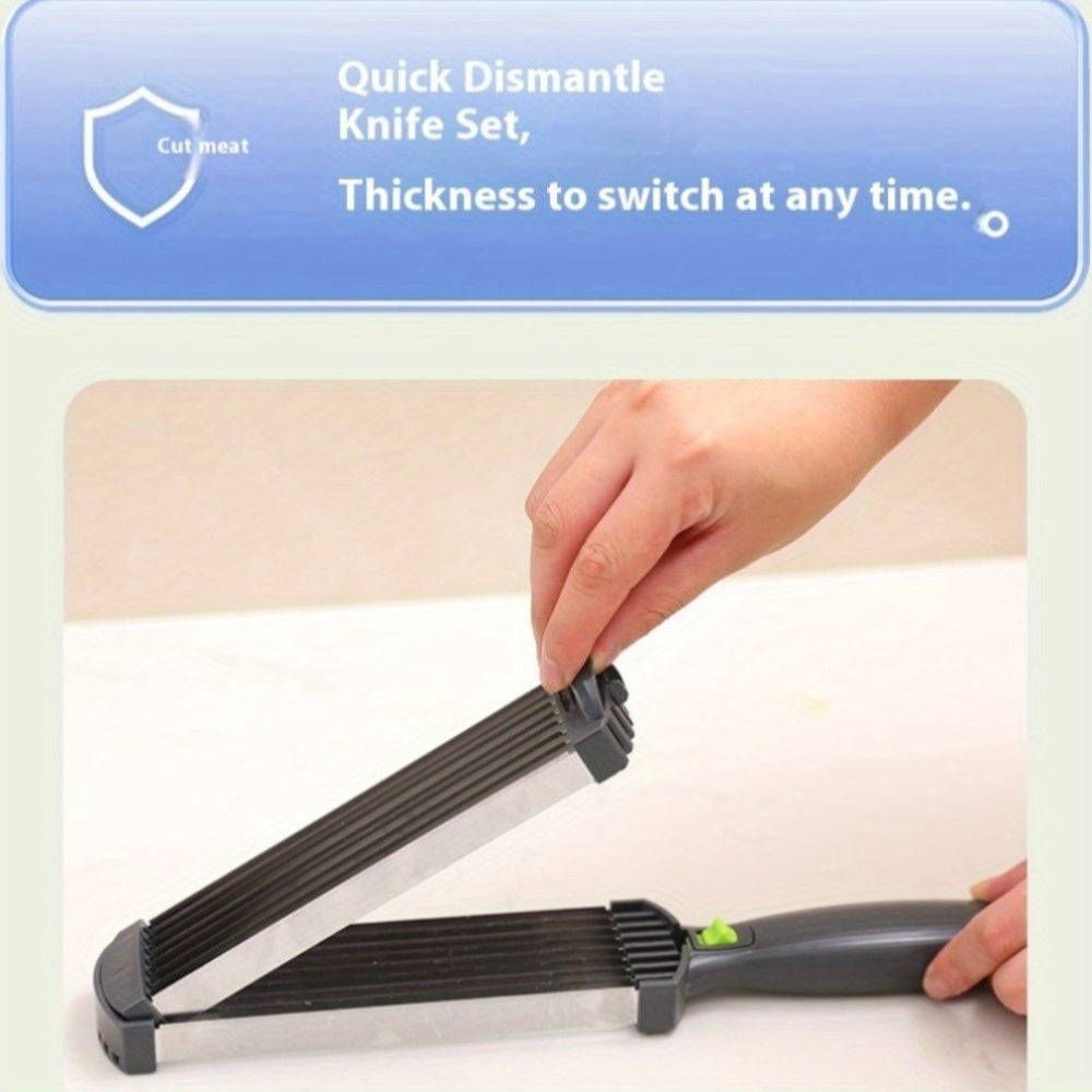 Batareya talab qilmaydigan qo'lda go'sht kesgich to'plami mol, losos, qo'y go'shti va sabzavotlarni kesish uchun. Pishirish, shashlik va issiq taomlar uchun mos.