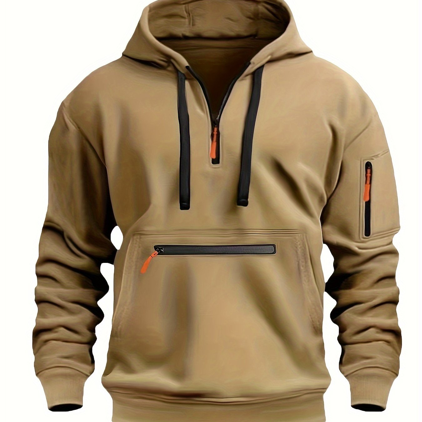 Men's Solid Color Polyester Half-Zip Hoodie with Kangaroo Pocket for Fall Winter