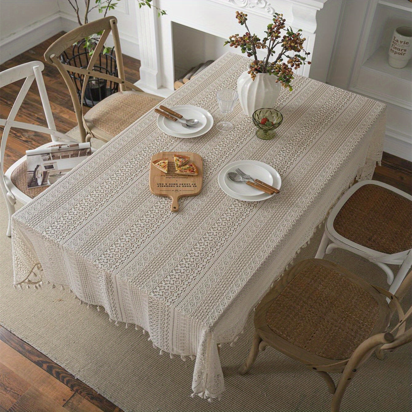 Bohemian Crochet Lace Rectangular Tablecloth for Dining and Parties Polyester Farmhouse Style