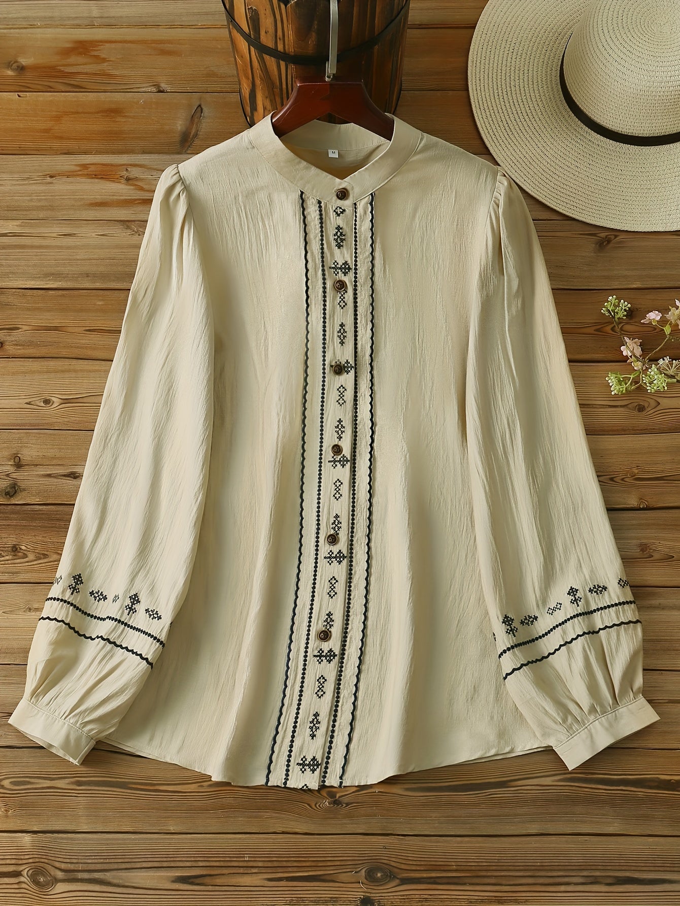 Women's Vintage Embroidered Rayon Blouse Long Sleeve Floral Light Blue Spring Fall