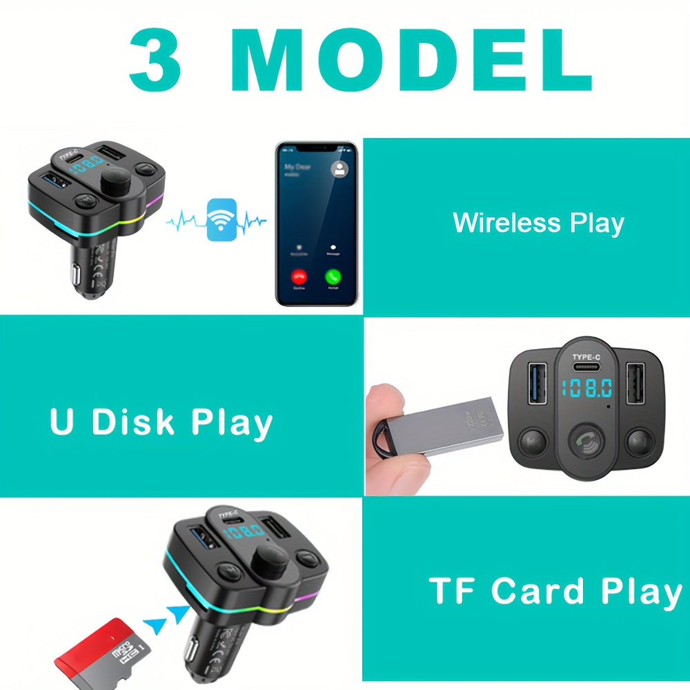 Wireless Car FM Transmitter MP3 Player Dual USB-C Charging Hands-Free Call