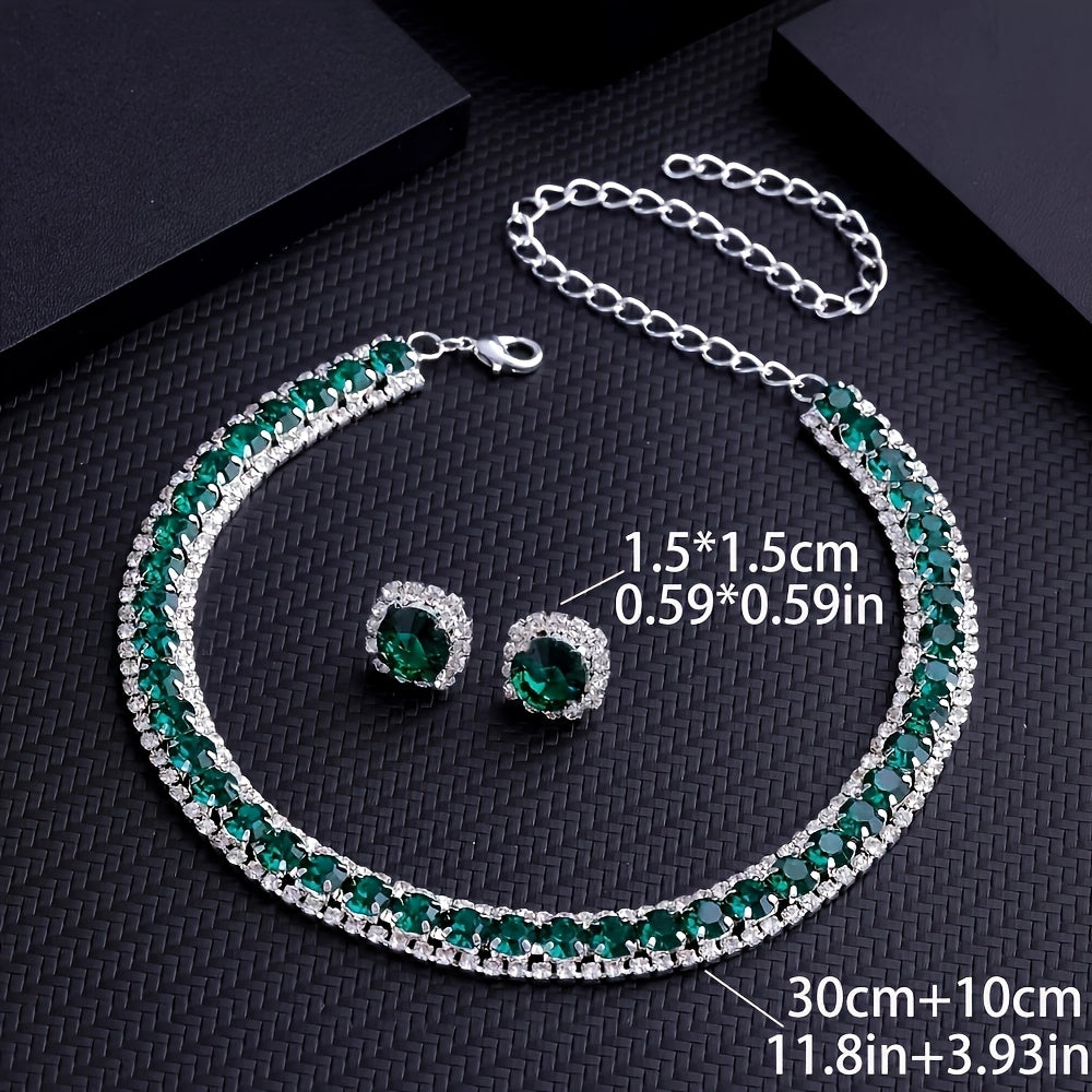 Emerald Crystal Jewelry Set for Women Necklace and Earrings Silver Plated Party Everyday