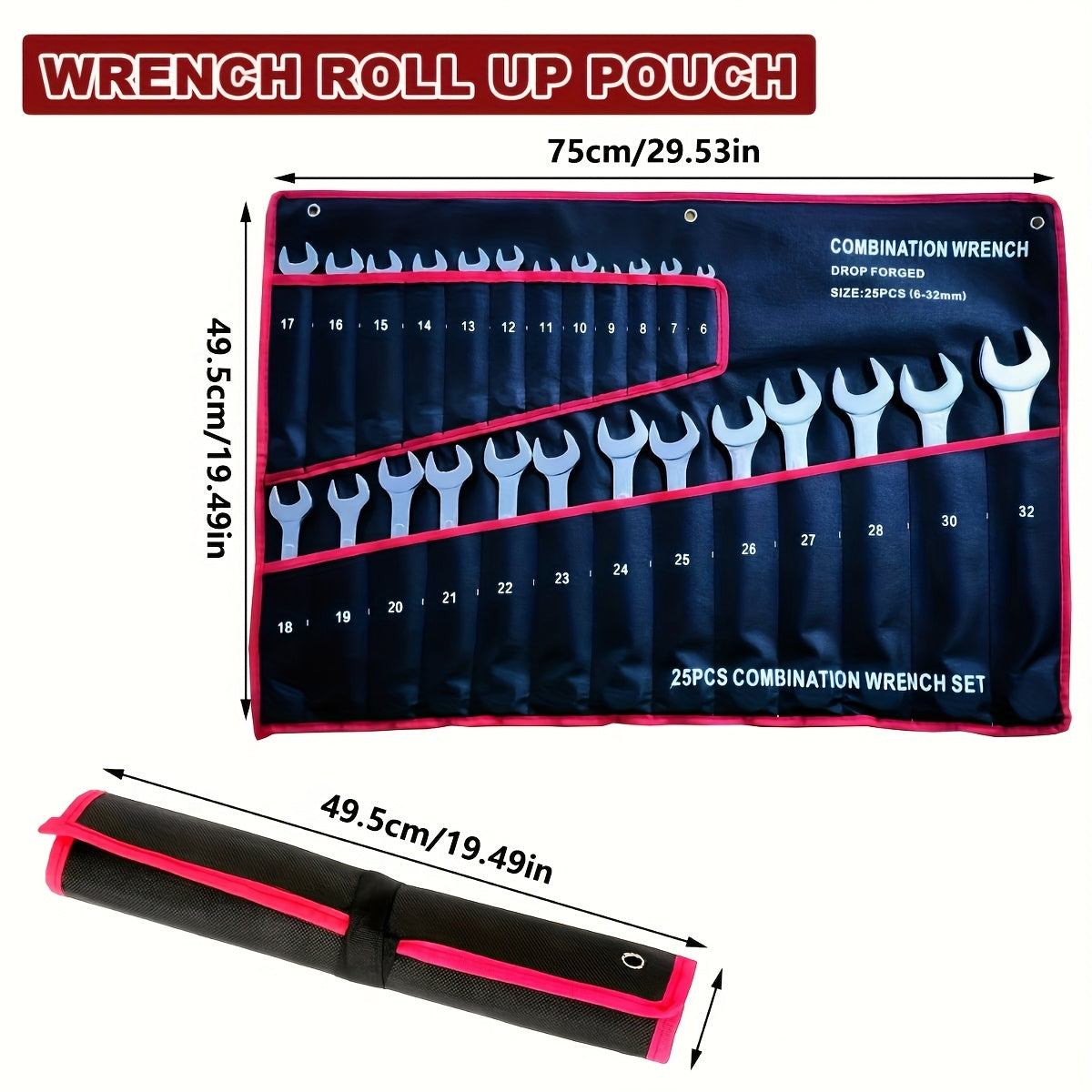 Durable Fabric Wrench Organizer Roll with 25 Pockets Heavy-Duty Tool Storage