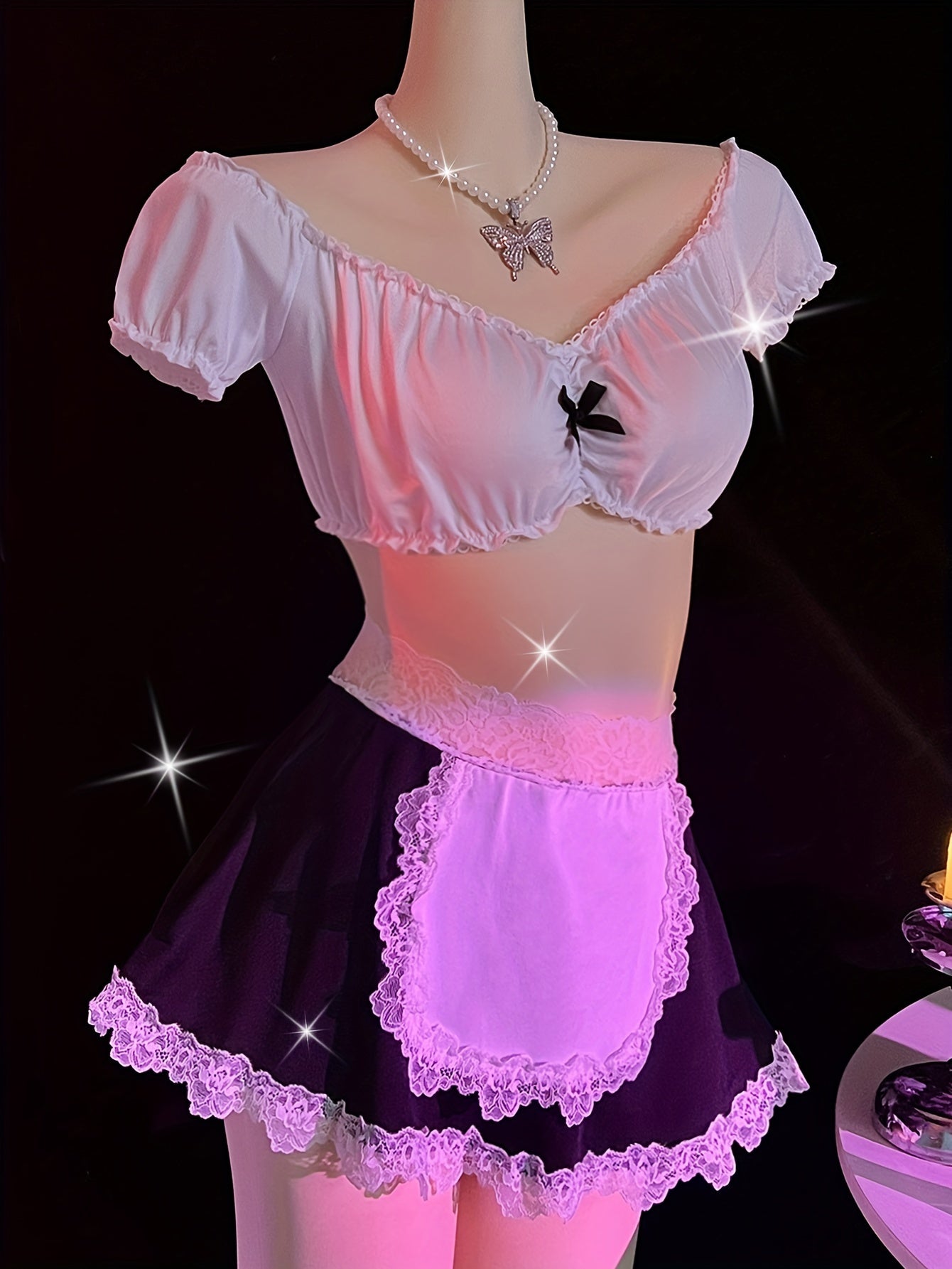 Women's Off-Shoulder Maid Costume with Lace Details Polyester Elastane Not See-Through