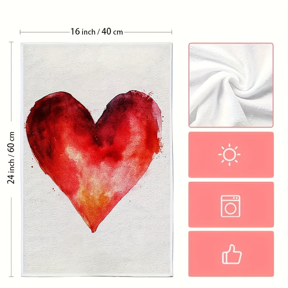 Set of 2 Soft Kitchen Towels with Heart Design, 16x24 Inches, Absorbent