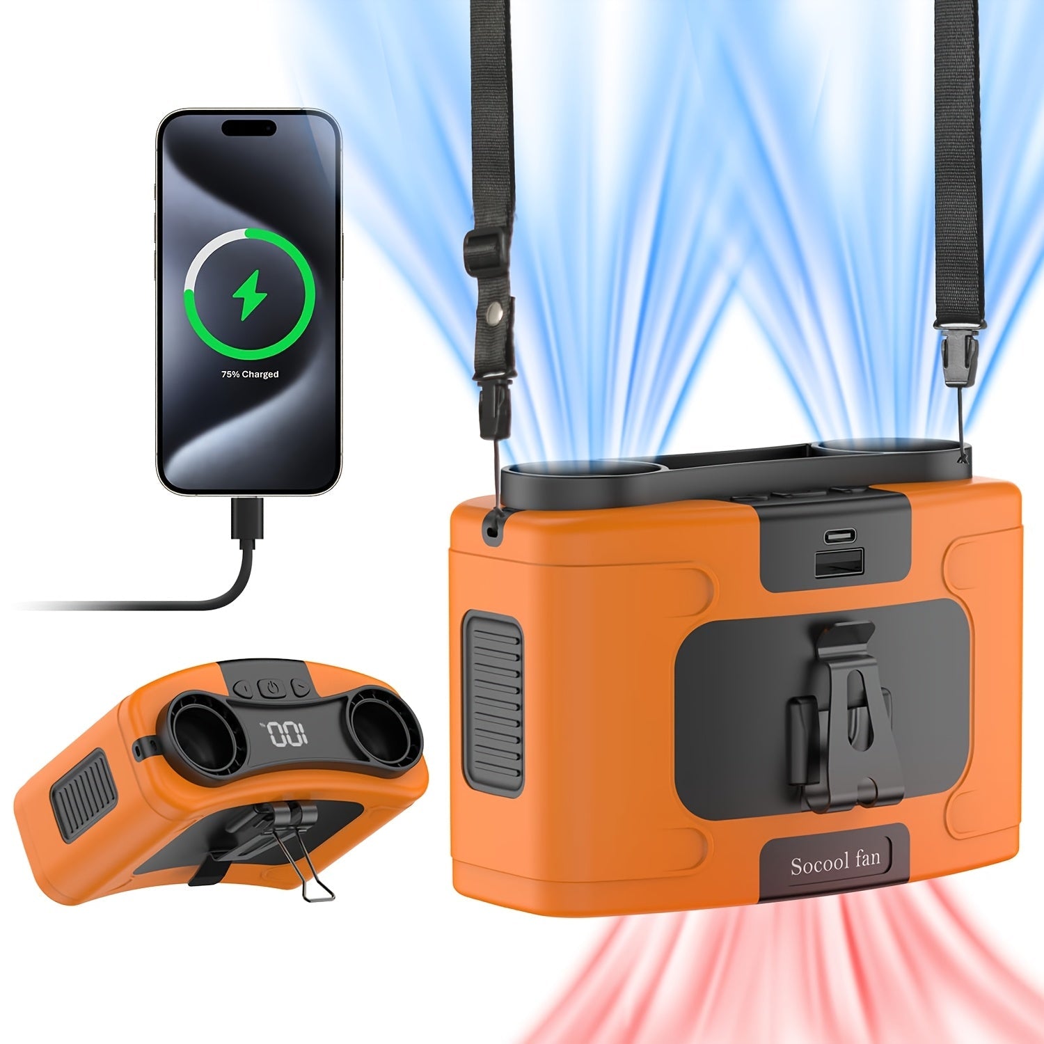 Wearable Waist Fan with Rechargeable Battery, 10 Speed Settings, Portable