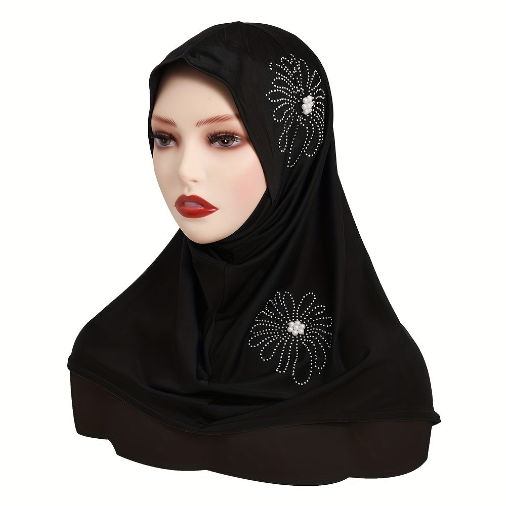 Women's Solid Color Elastic Polyester Hijab with Rhinestone and Pearl Accents