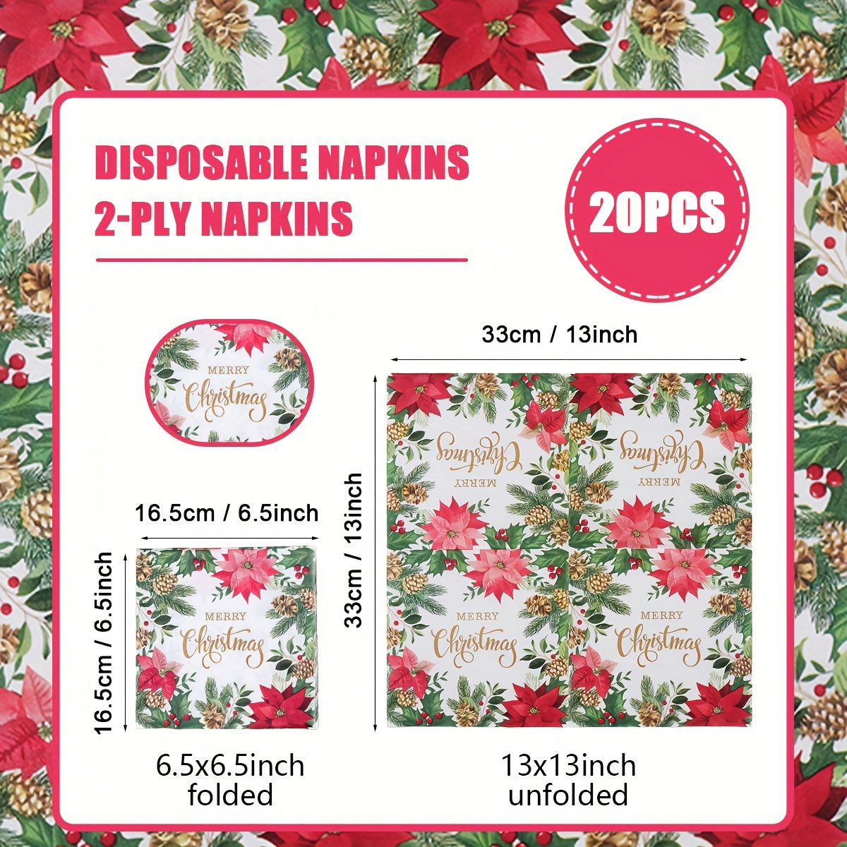 20 Christmas Disposable Paper Placemats with "Merry Christmas" Message Floral Print Square Shape