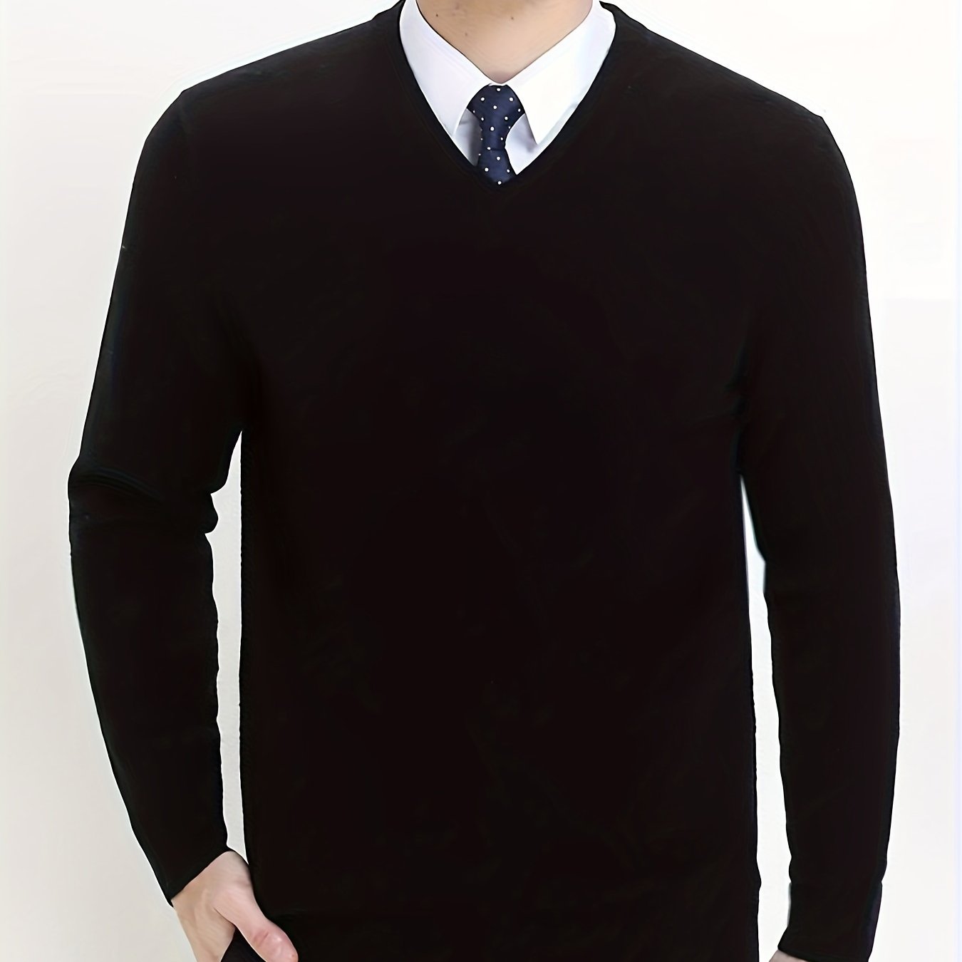 Suéter de punto de cuello en V para hombre, otoño e invierno, de color sólido, manga larga, tamaño medio, con elasticidad regular