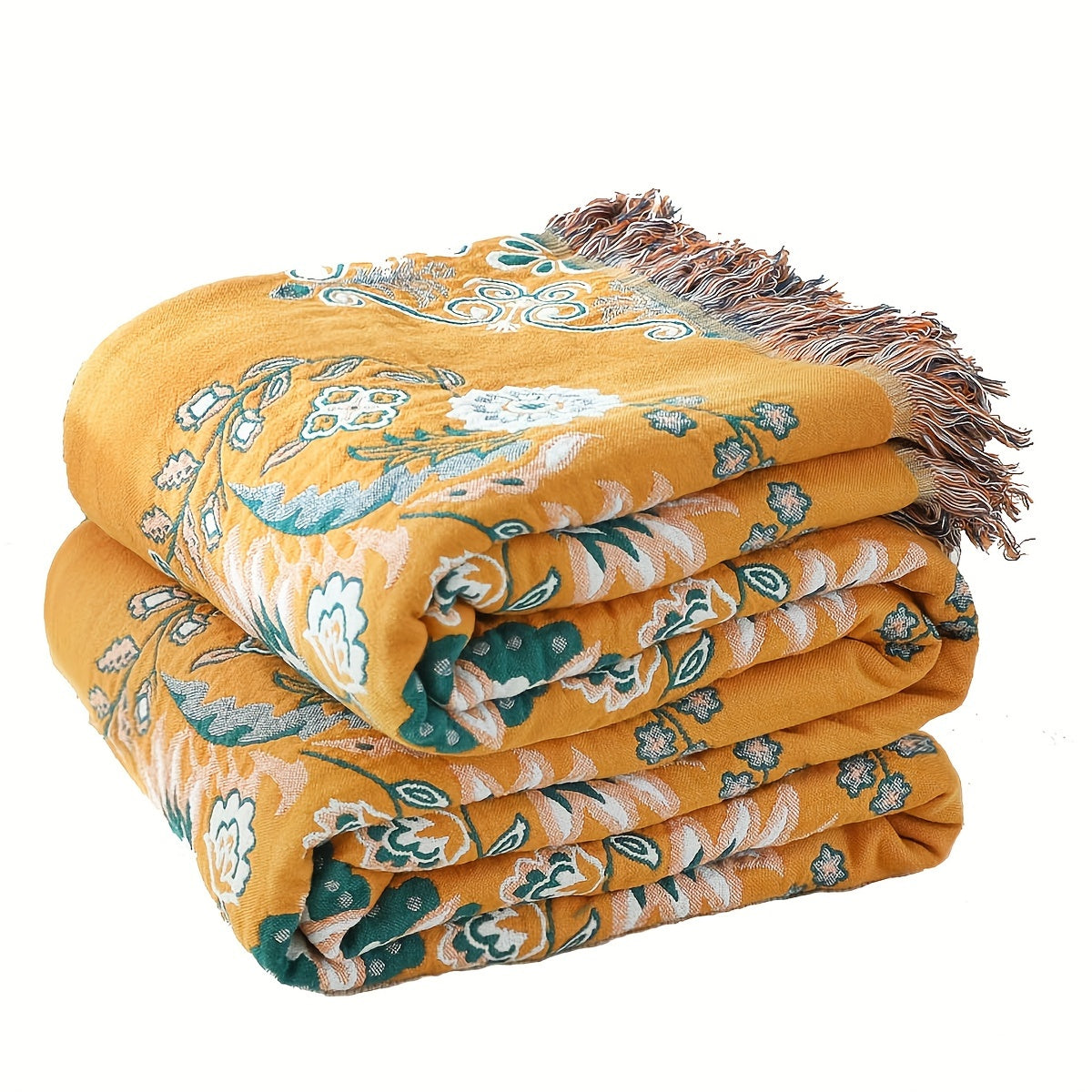 Vintage Floral Cotton Sofa Towel Blanket with Tassels Multi-Functional Nap Cover