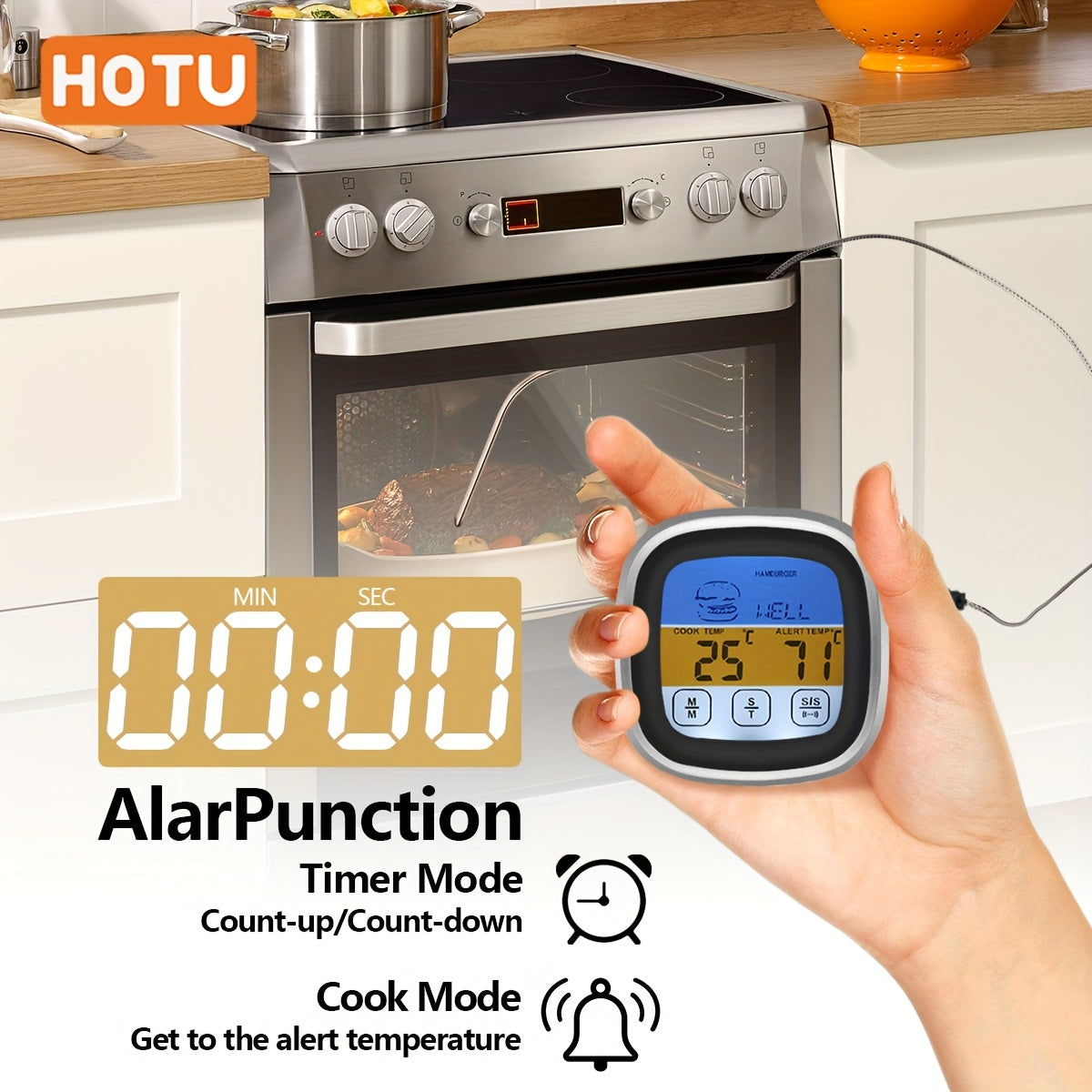 Digital Meat Thermometer with Large Touch Screen Stainless Steel Probe for BBQ Cooking Baking