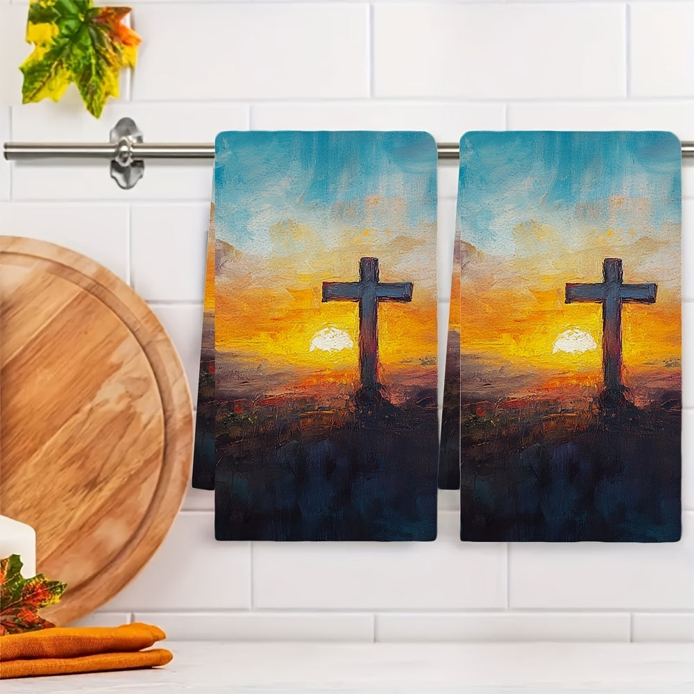 2 Pieces Ultra Soft Kitchen Towels Easter Sunrise Oil Painting Style Absorbent Dish Hand Towels