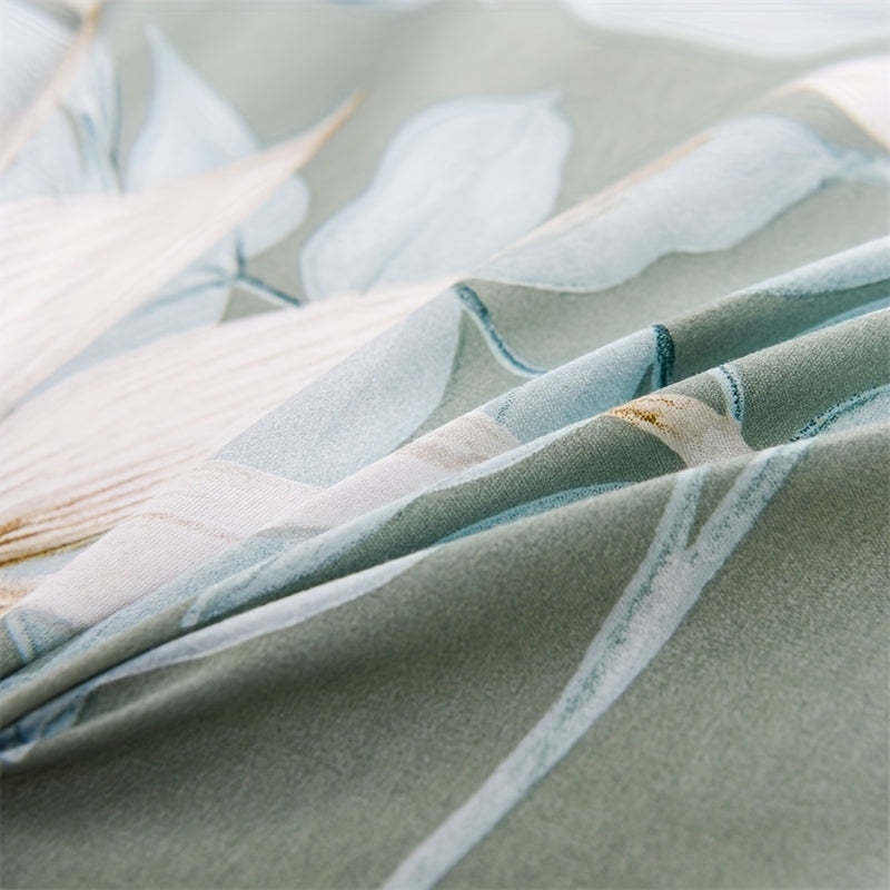 Green Leaf Print Duvet Cover Set with Pillowcases 3 Pieces Soft Polyester for Bedroom