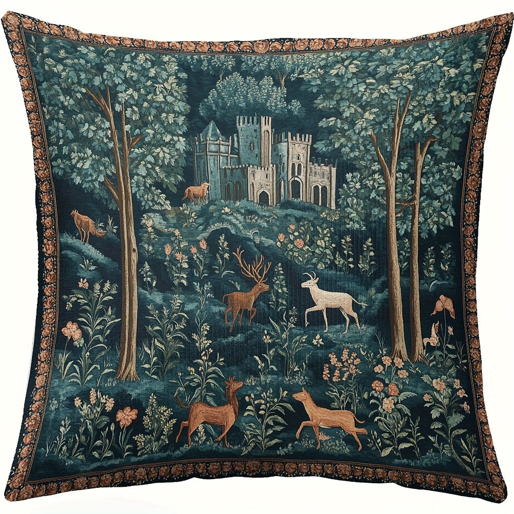 Polyester Pillow Cover Medieval Tapestry Style Double-Sided Decorative Zipper Living Room Decor
