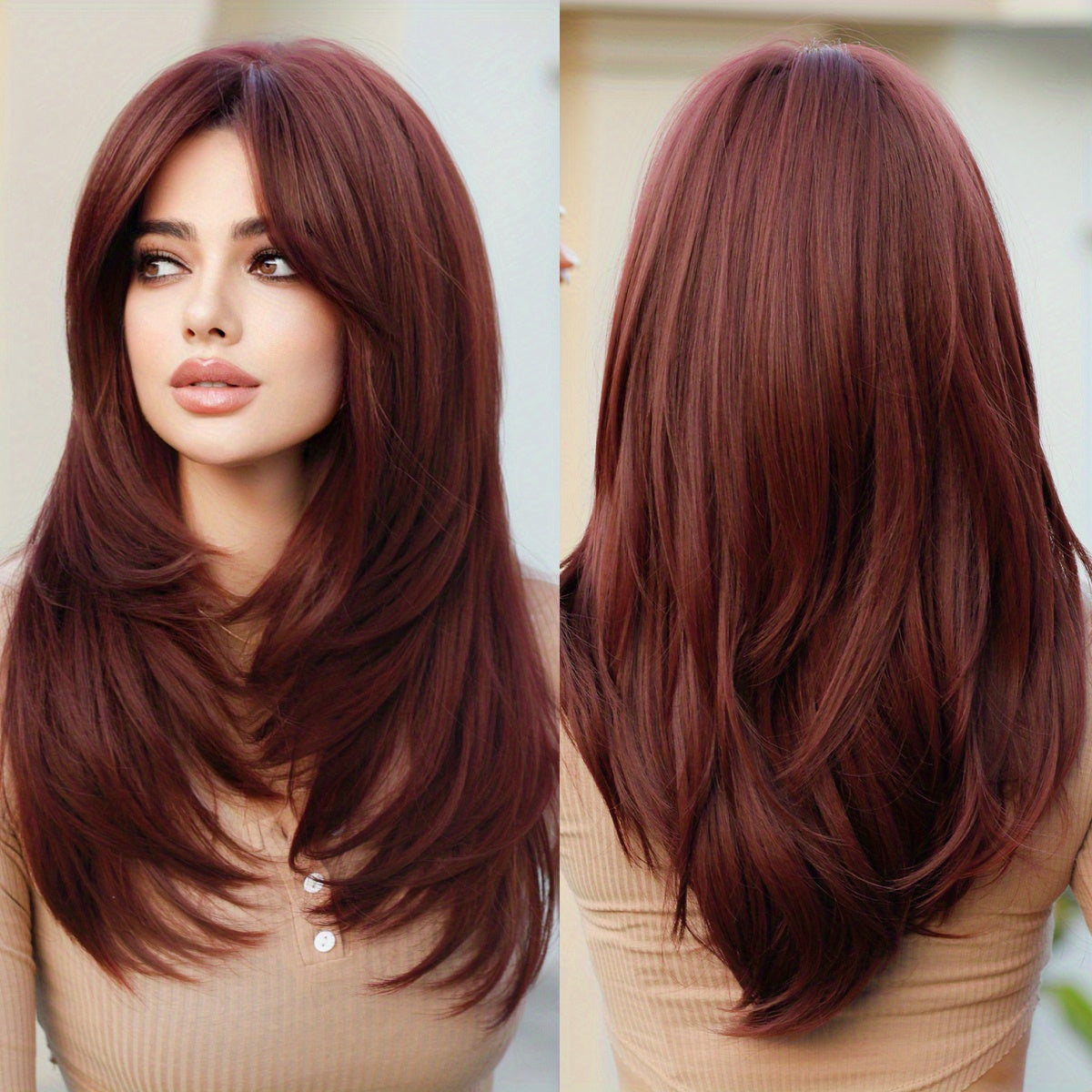 Ayollar uchun uzun to'lqinli asal sarg'ish parik, issiqqa chidamli va qirqimlar bilan, tabiiy sintetik jigarrang tolalardan qatlamli uslubda tayyorlangan.