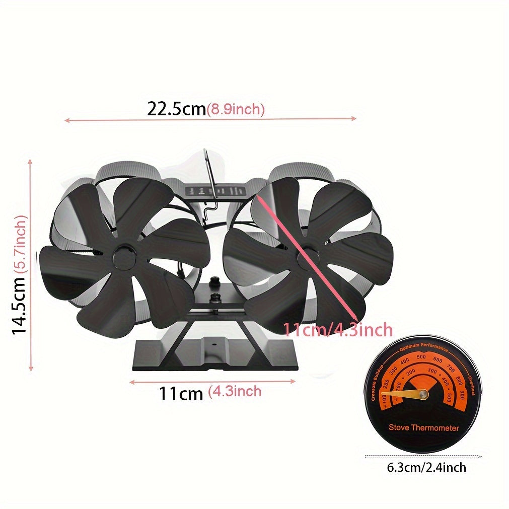 Dual-Head 12-Blade Wood Stove Fan Non-Electric Heat-Powered with Thermometer
