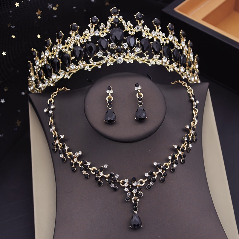 To'ylar uchun Bridal Rhinestone Crown Jewelry Set Tiara Necklace Earrings