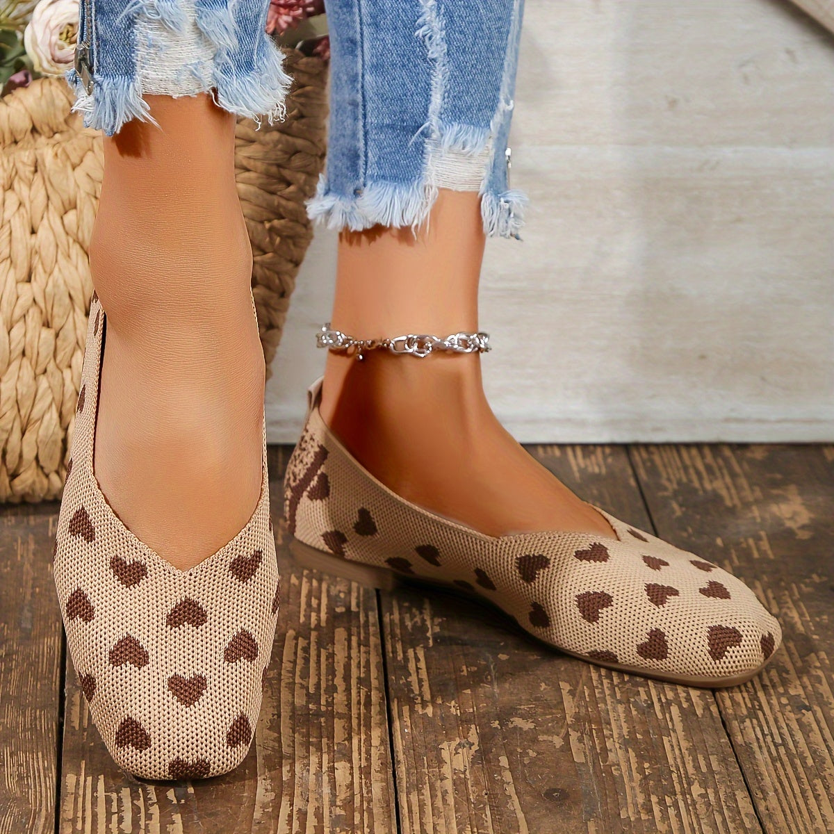 Women's Casual Ballet Flats with Heart Pattern and Mary-Jane Strap