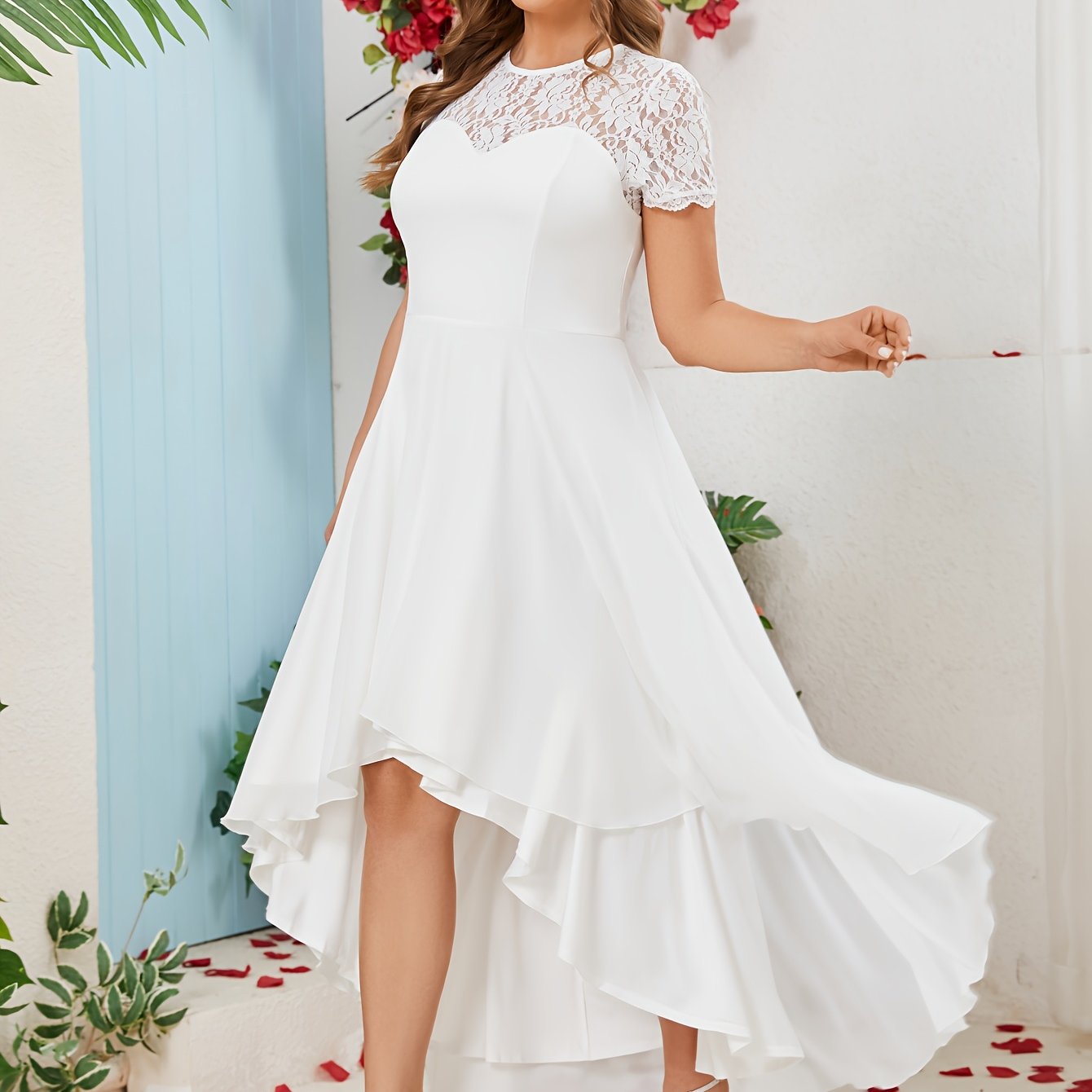 Plus Size Bridesmaid Dress Chiffon Flared Short Sleeve Crew Neck