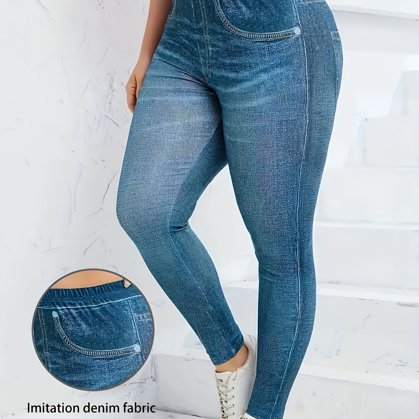 Women's Plus Size Sports Leggings Imitation Denim Blue High Waist Fitness Tights