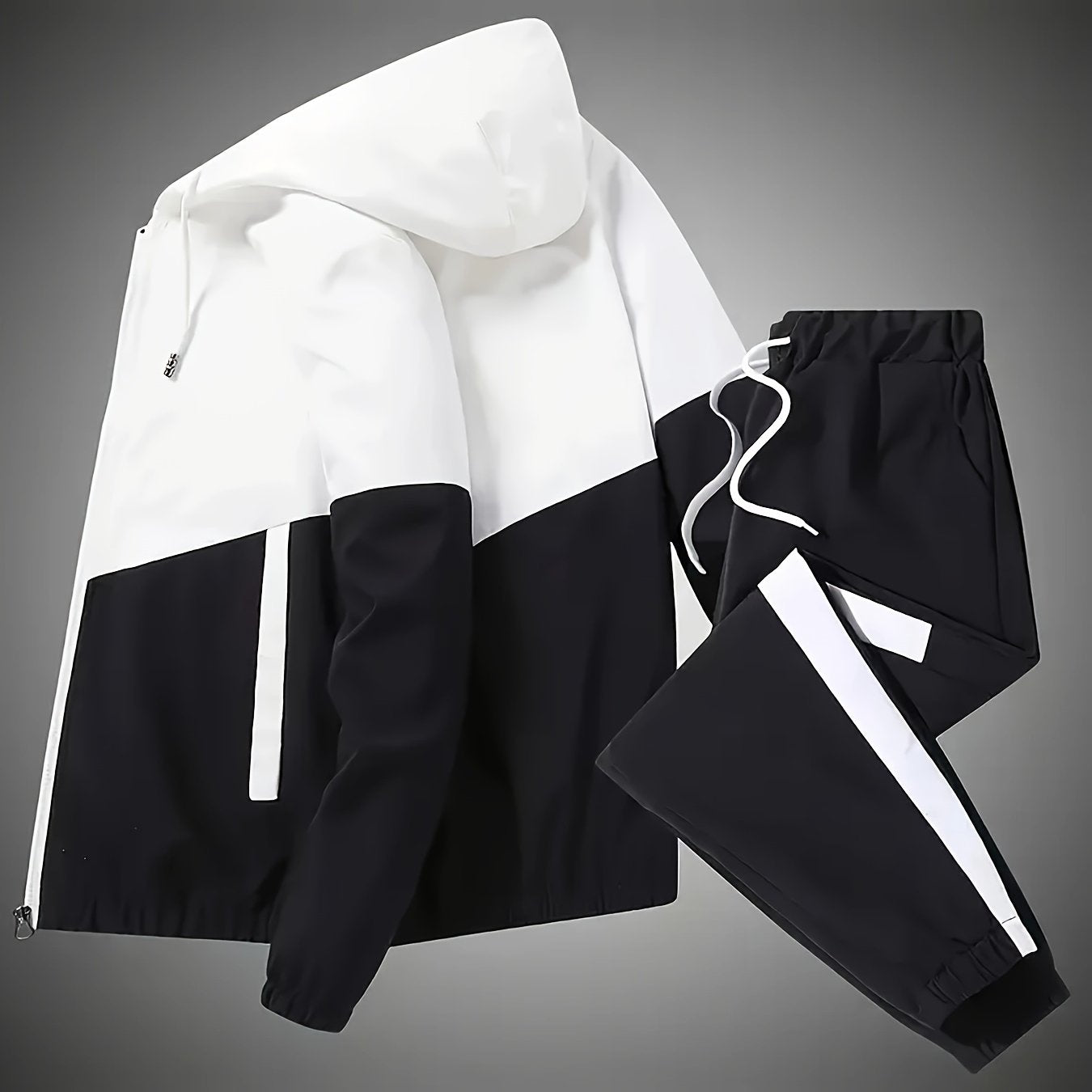 Men's Sports Casual Suit with Patchwork Color Hooded Jacket for Spring Fall