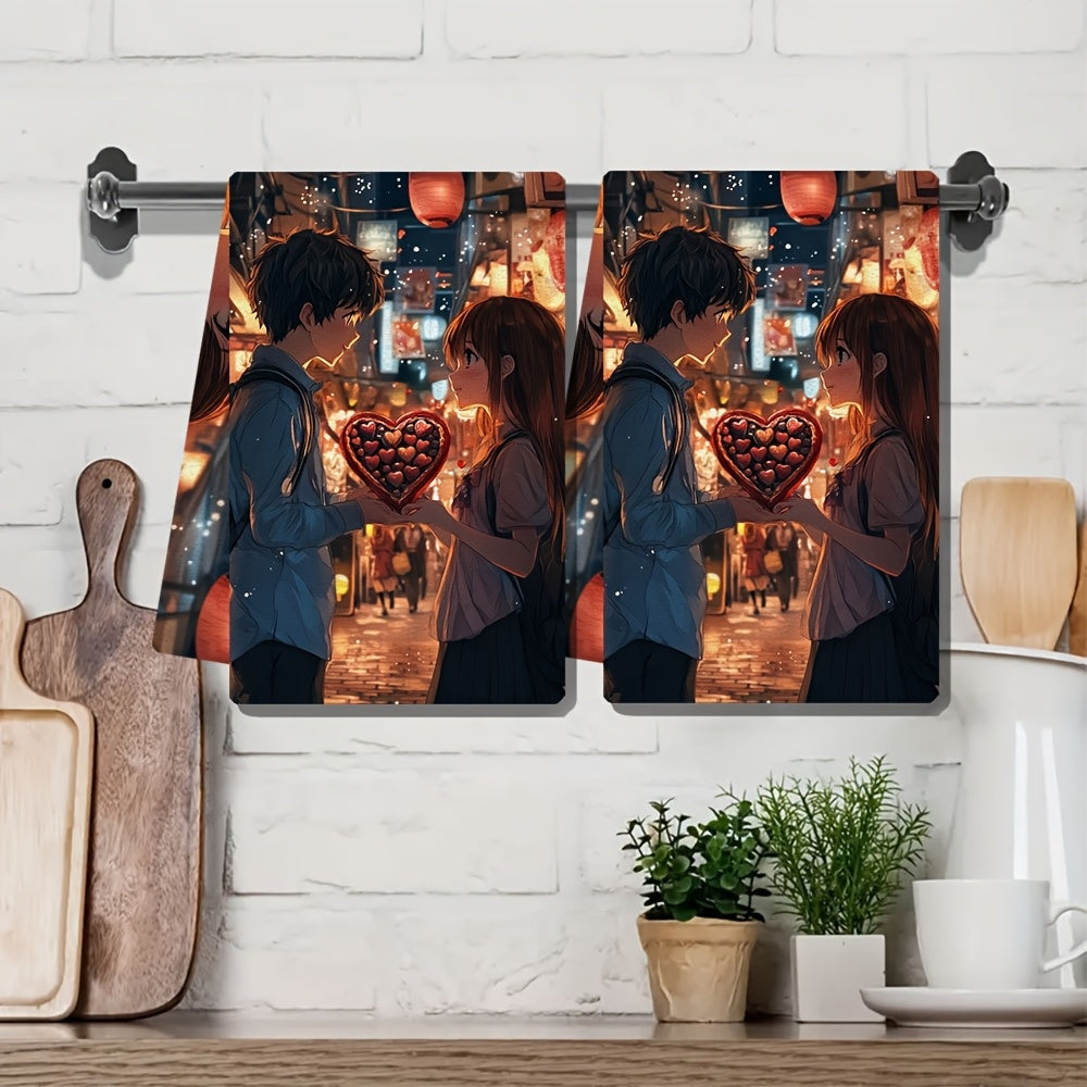 Set of 2 Ultra-Soft Kitchen Towels with Anime Boy and Heart Design