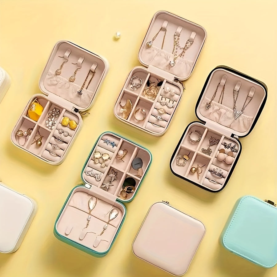 Organizador portátil de cuero para joyas con caja de almacenamiento con cremallera para anillos y collares