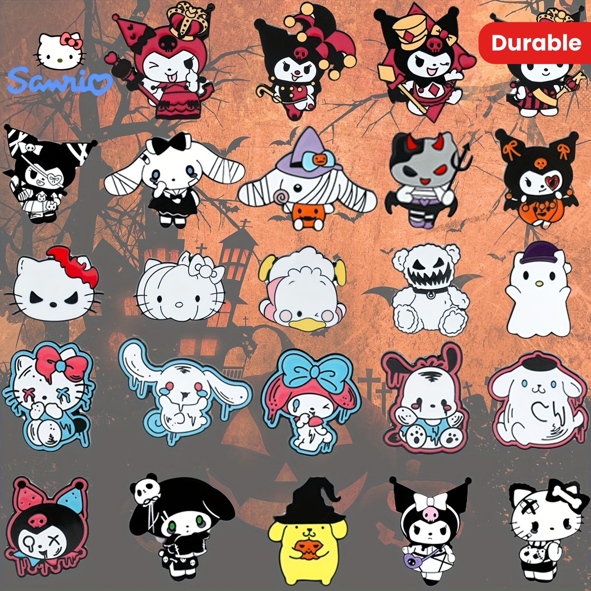 Set of 6 Halloween Enamel Pins with Cartoon Characters Hello Kitty My Melody Kuromi Witch Ghost Nurse Badges for Hats Bags Jackets