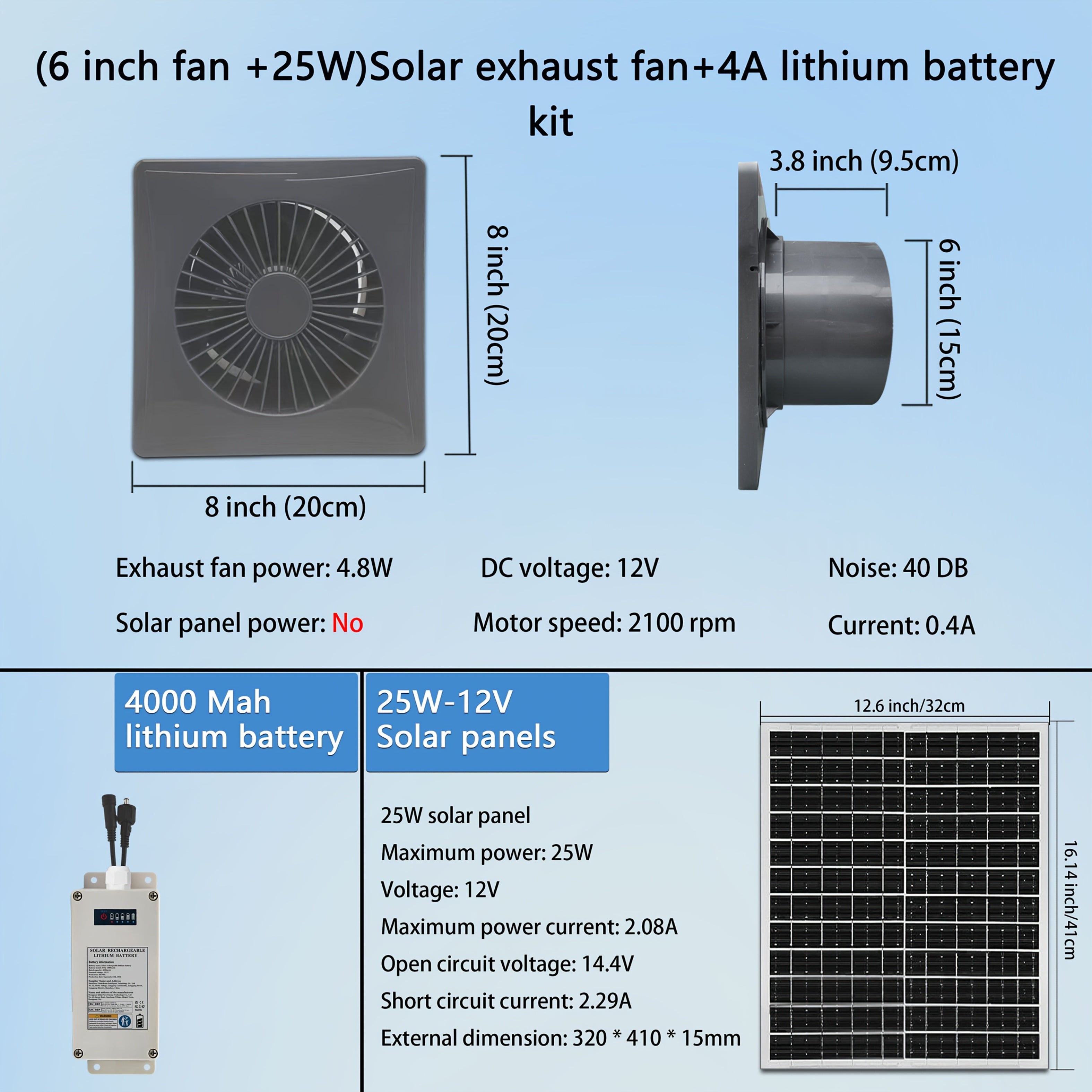 Quyosh energiyali shamollatgich kulrang 10-20cm Batareya to'plami issiqxona ventilyatsiyasi uchun