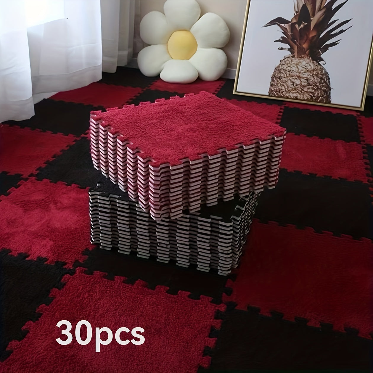 Set of 30 Braided Flannel Area Rugs Square Mats Low Pile Floor Tiles for Bedroom Living Room