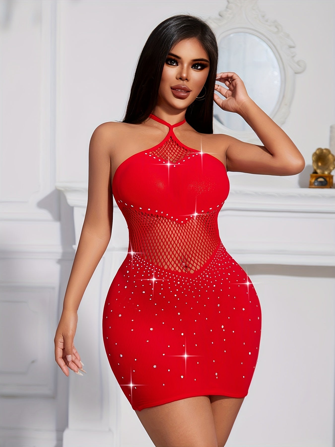 Women's Polyamide Stretch Fabric Halter Neck Bodycon Dress with Hollow Mesh Detail