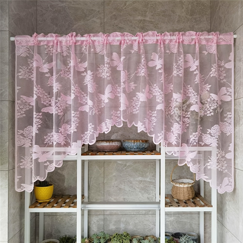 White Blue Purple Butterfly Flower Sheer Curtain Tulle Valance with Lace Tassel for Kitchen Bedroom Living Room